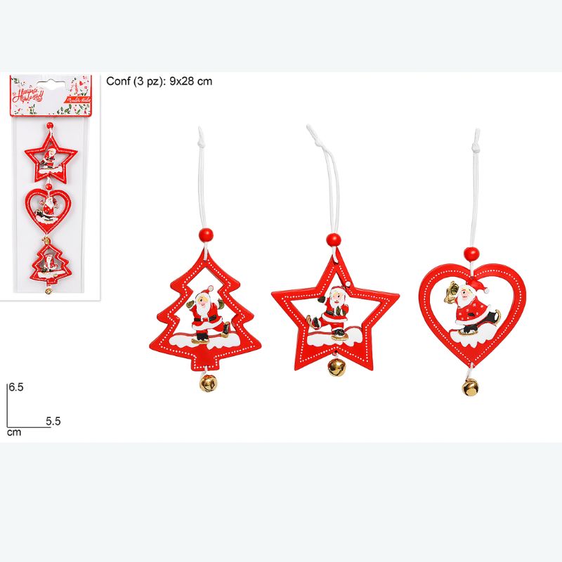 Set 3 decorazioni natalizie in legno rosso con campanellino SHY-W8575