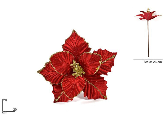 Stelo Fiore Decorativo 20 cm con Glitter Rosso Addobbo Natalizio BMA-50/RED
