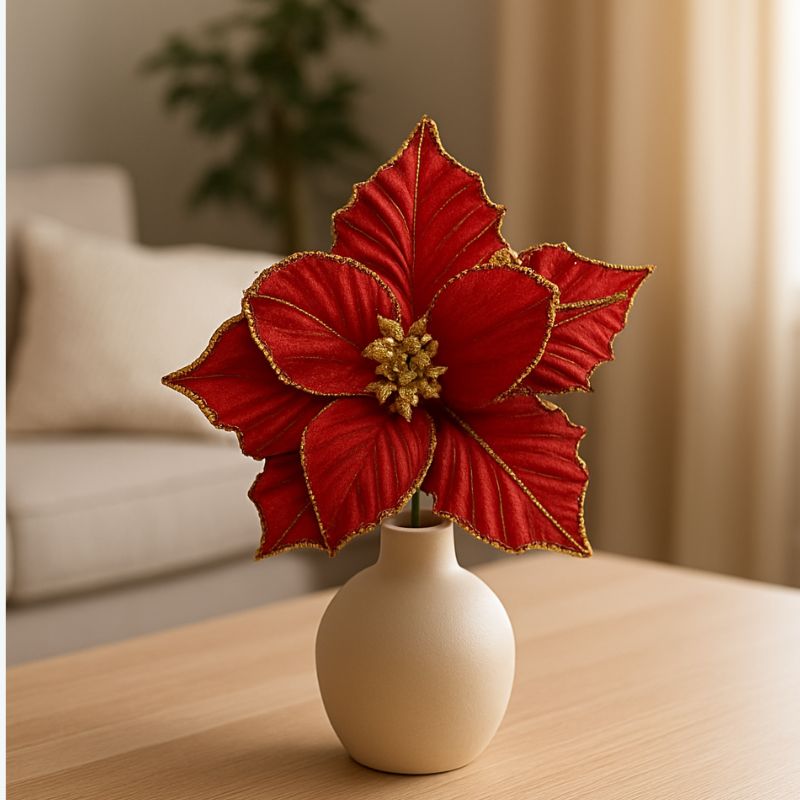 Stelo Fiore Decorativo 20 cm con Glitter Rosso Addobbo Natalizio BMA-50/RED