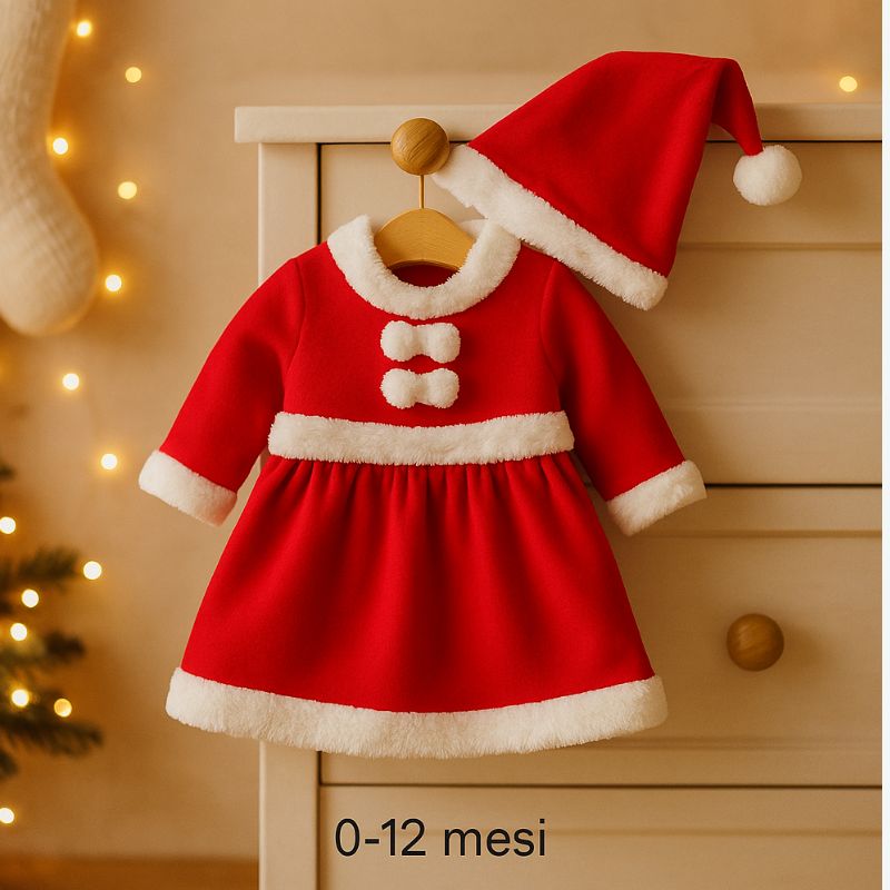 Vestito Babbo Natale Bimba 0/12 Mesi Costume Natalizio Neonata HY20014