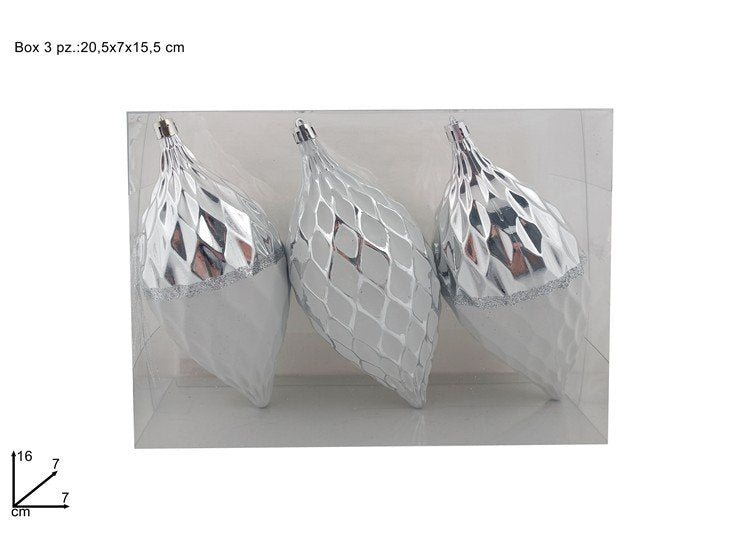 Palle Goccia Natale 16cm Argento Lucido con Decoro Bianco Set 3pz