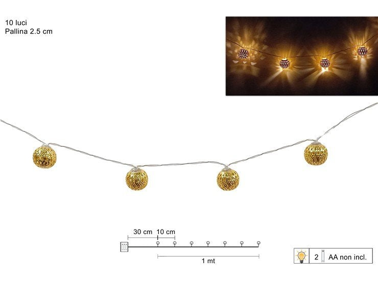 Filo 10 LED con Palline Oro 2,5 cm 1 m a Batterie, Decorazione Luminosa