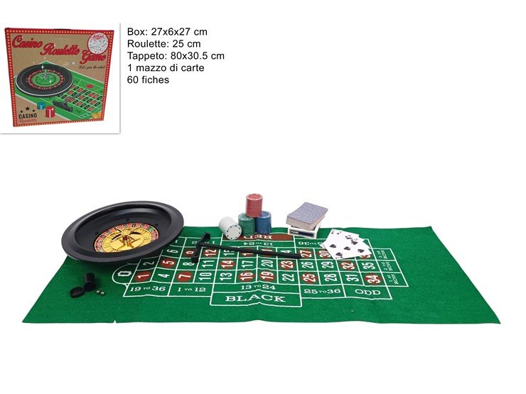 Gioco Roulette 25 cm con Set Casinò Completo Carte, Fiches e Tappeto