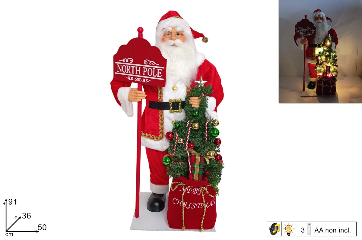 Babbo Natale 91 cm con Insegna North Pole, Luce e Musica