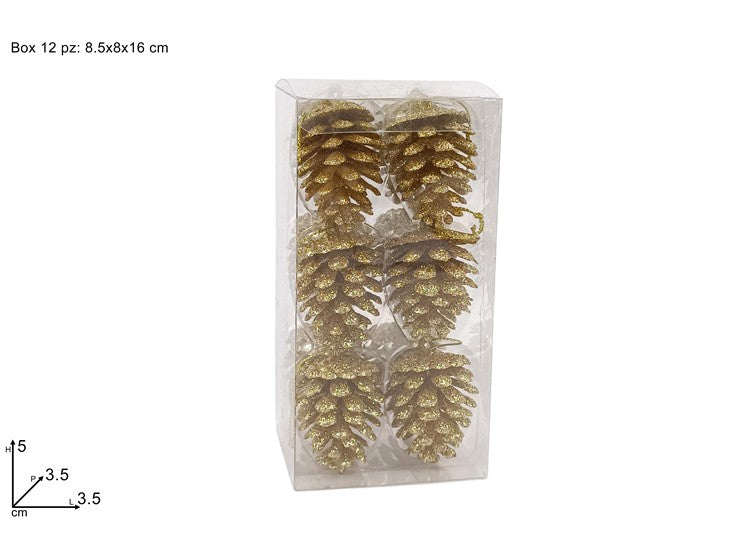 Appendino Pigne Glitterate Oro Set 12 Pezzi in Box PVC FL-186/GO