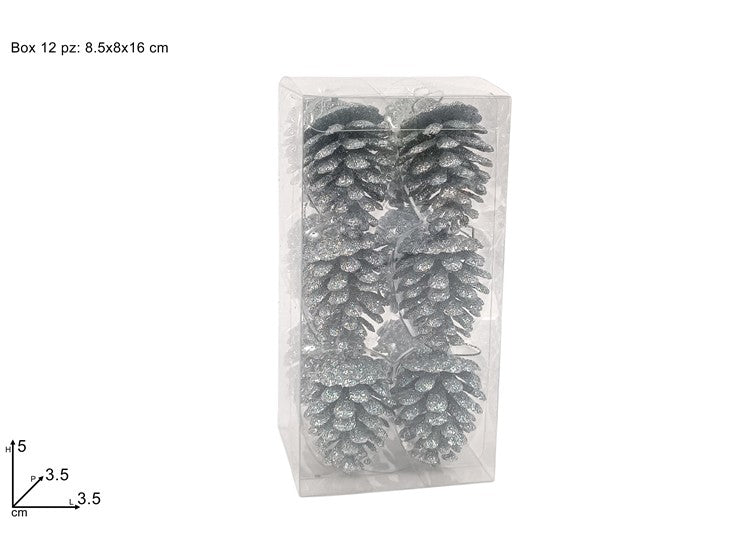 Appendino Pigne Glitterate Argento Set 12 Pezzi Decorazioni Natalizie FL-186