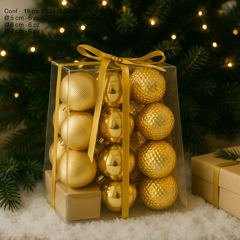 Palline Albero di Natale oro 18pz Ø 5/6/7cm in Box Piramide PVC JNP2501-2