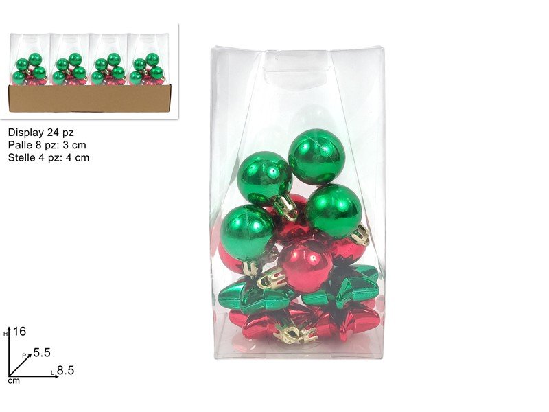 Set Palline Natale 3 cm e Stelle 4 cm Rosso/Verde Sacchetto PVC 12 Pezzi