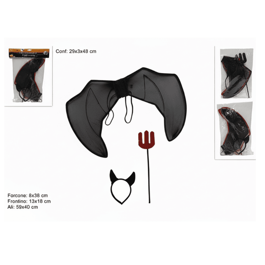 Ali con Cerchietto e Forcone Halloween Set Costume Diavolo Rosso e Nero