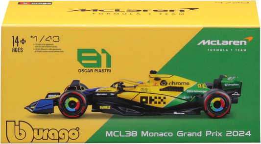 18-38215 Bburago McLaren F1 Team MCL38 #81 Piastri con casco Monaco Gran Prix 24