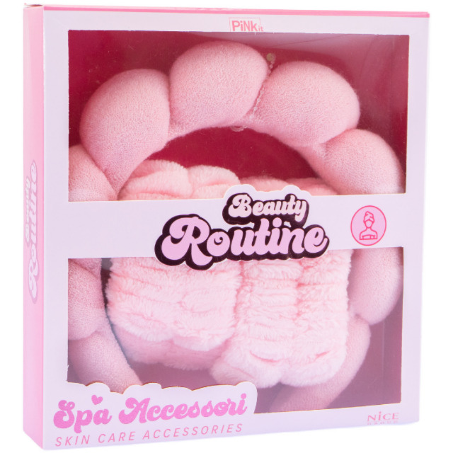 Beauty Routine Set Skincare Spa Cerchietto + Polsini Assorbenti Rosa per Pulizia