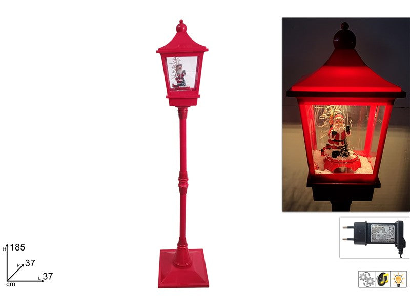Lampione Natalizio Rosso 185 cm con Babbo Natale, Neve, Luce, Musica e Movimento