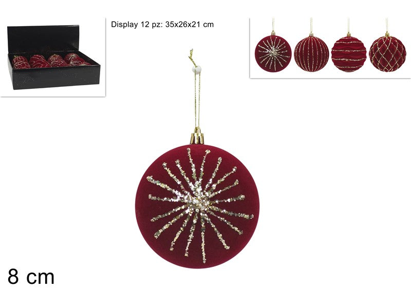 Display 12 Palline di Natale 8 cm in Velluto Bordeaux con Glitter Oro 4 Sogget