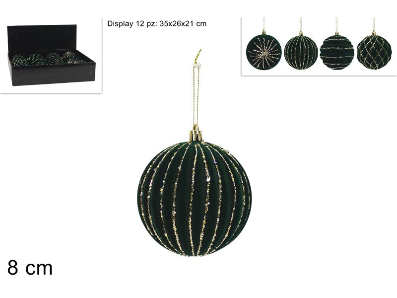 Display 12 Palline di Natale 8 cm in Velluto Verde con Glitter Oro 4 Soggetti