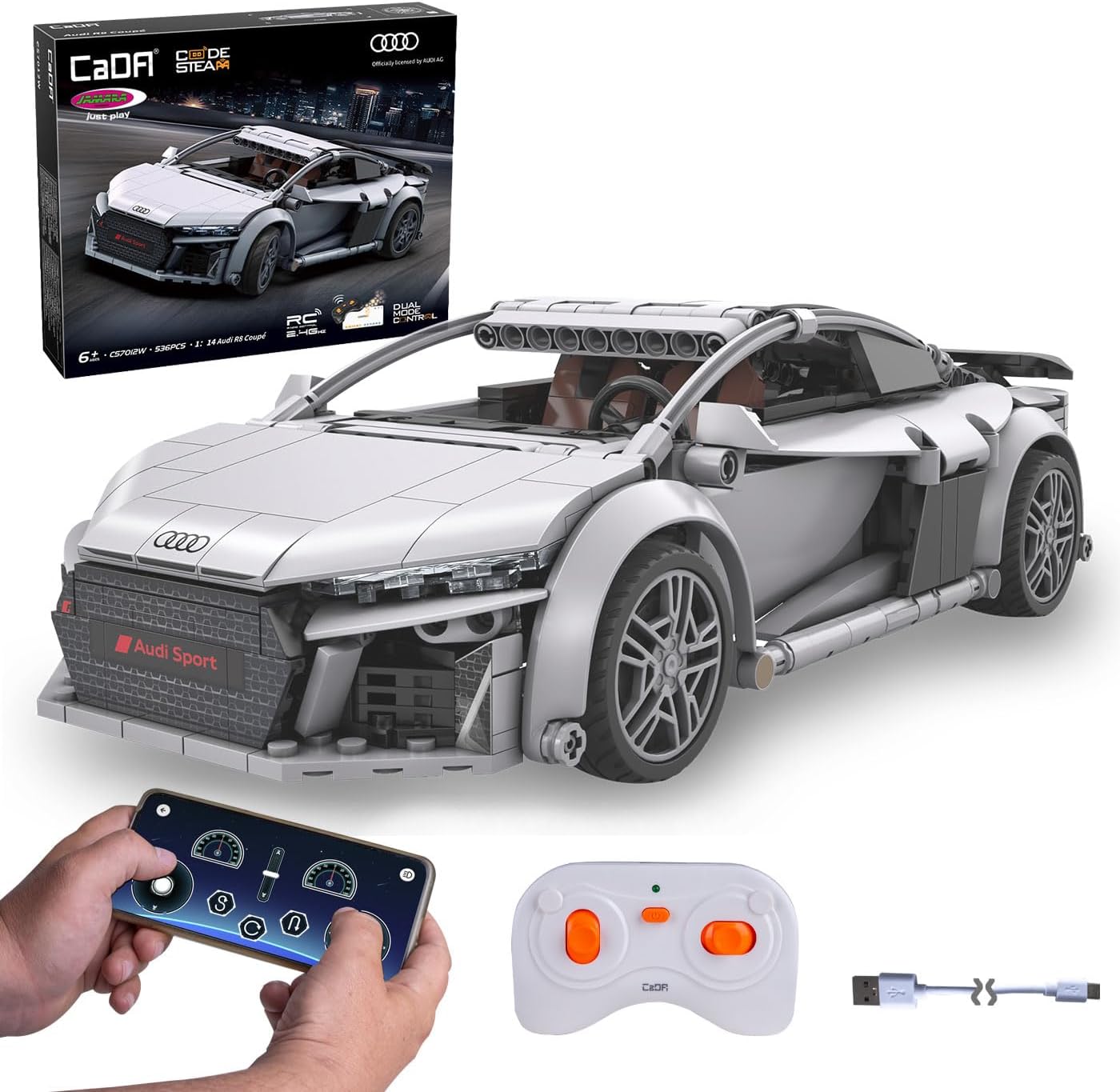 C5701 CaDA Audi R8 Coupé 1:14 App + RC Auto Sportiva da Costruire con 536 Pezzi
