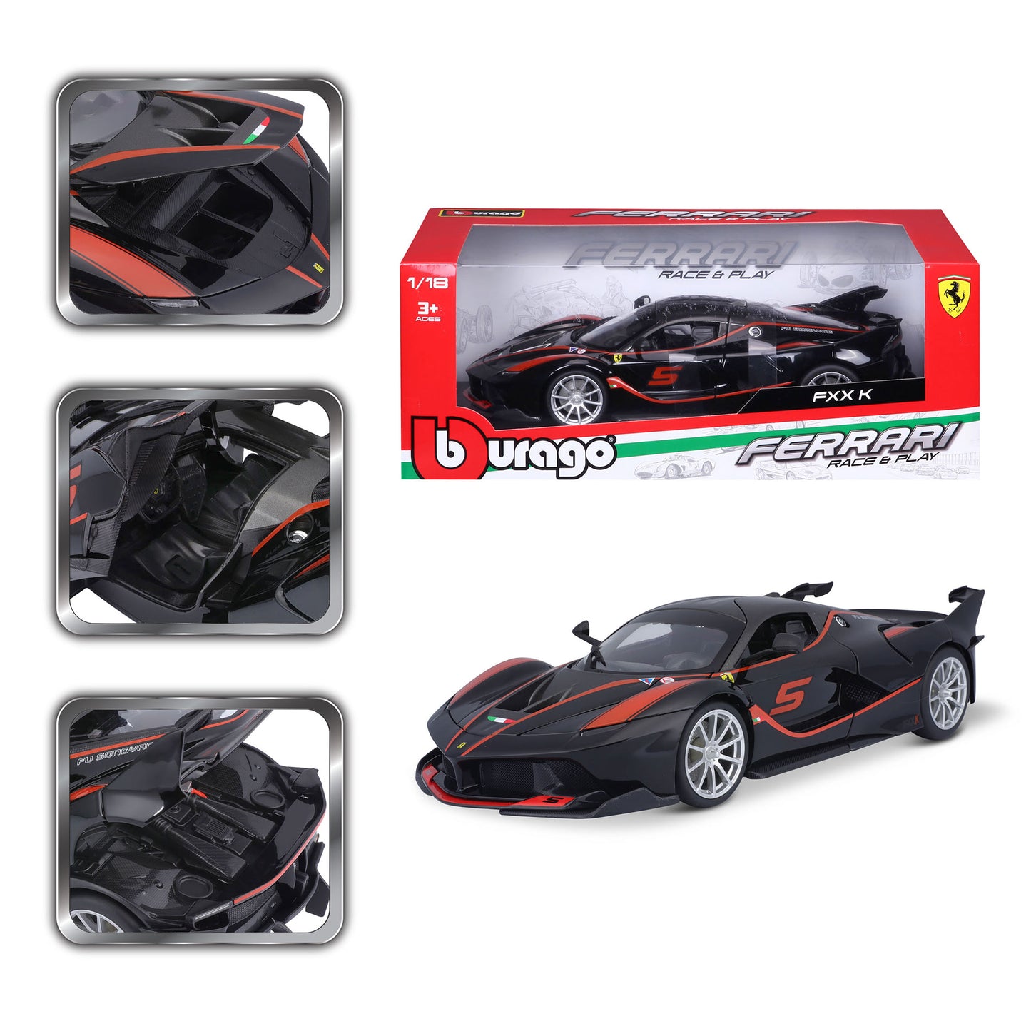 18-16010 Bburago Ferrari  R&P - Ferrari FXX K #5, nera e rossa - 1:18
