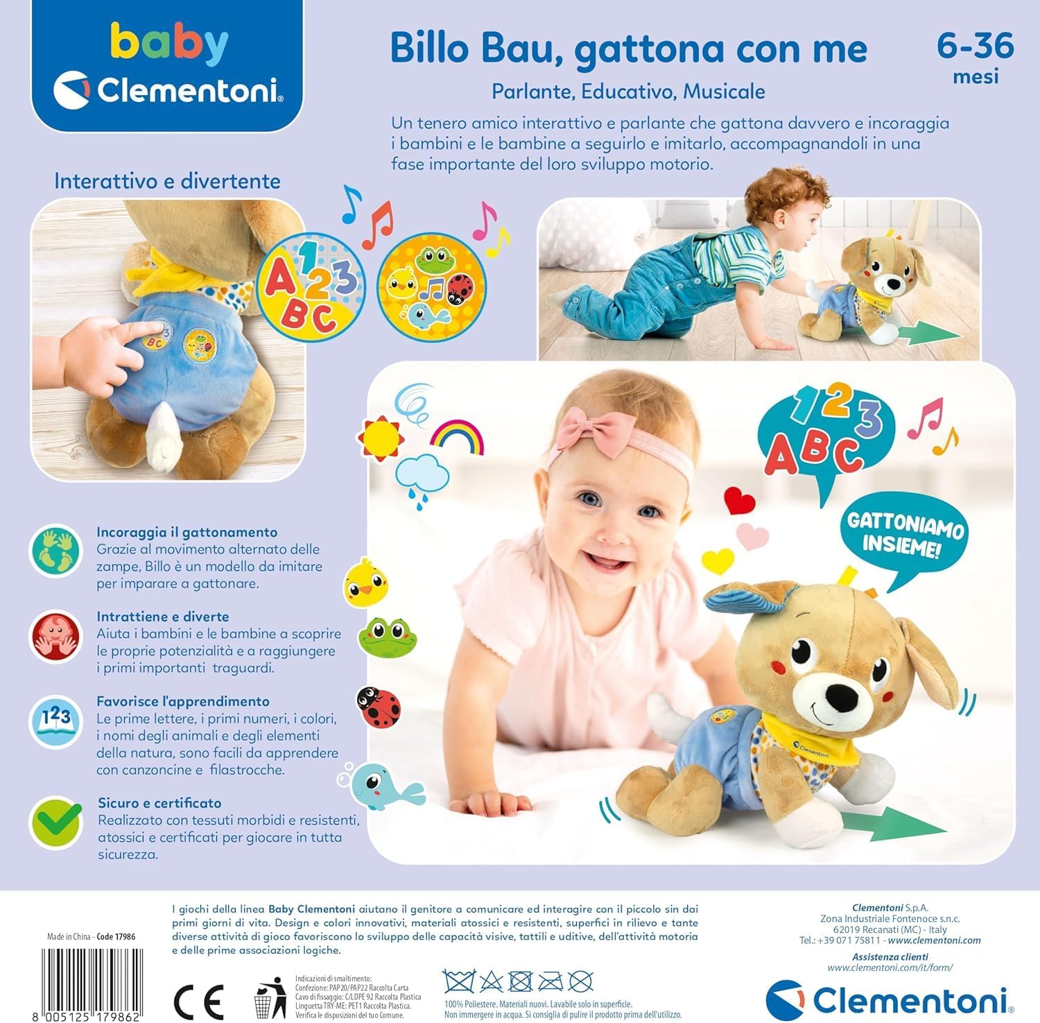 17986 Clementoni Baby Billo Bau Gattona con Me  Peluche Interattivo Educativo