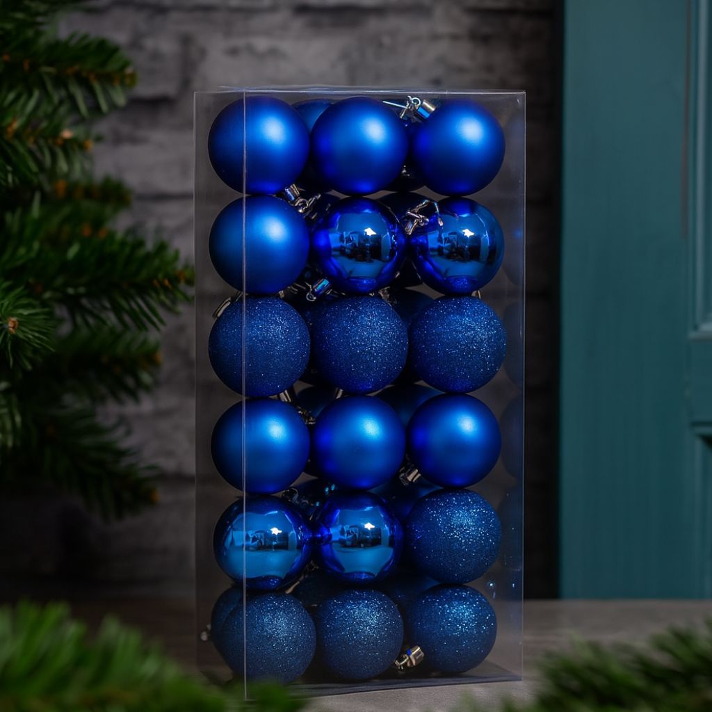 Set 36 Palline di Natale Blu da 6 cm  Opache, Lucide e Glitterate SM-D029B