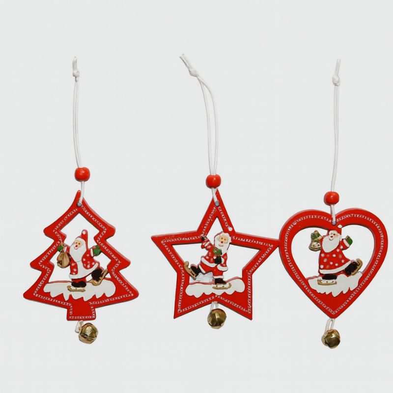 Set 3 decorazioni natalizie in legno rosso con campanellino   SHY-W8575