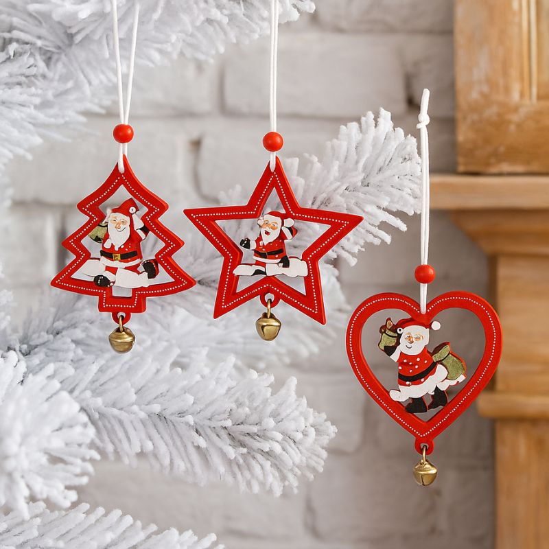 Set 3 decorazioni natalizie in legno rosso con campanellino   SHY-W8575