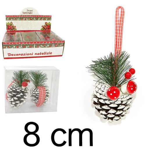 Pigna innevata con funghi e bacche  Set 2 pezzi decorativi 8 cm in box SM-D1402
