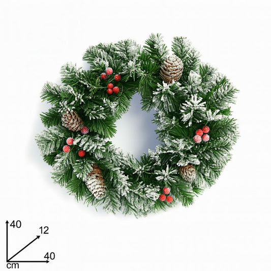 Ghirlanda Natalizia Tonda Innevata Ø40 cm con Pigne e Bacche  WYP1580RCF
