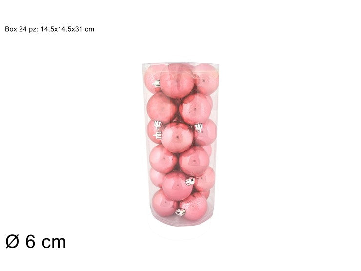 Set 24 Palle di Natale Rosa Ø6 cm 4 Finiture Assortite Box PVC  3A24E05G498