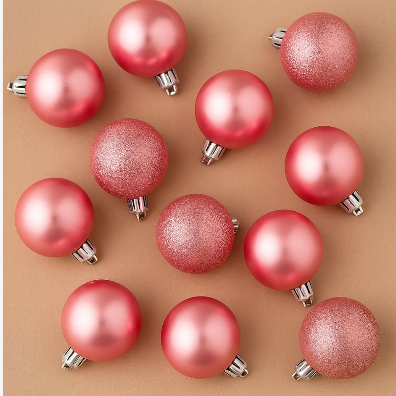 Set 24 Palle di Natale Rosa Ø6 cm 4 Finiture Assortite Box PVC  3A24E05G498