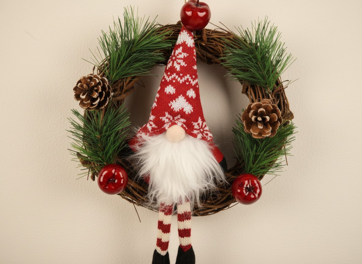 Dietroporta Babbo Natale Nordico 32 cm Decorazione Natalizia con Pigne e Bacche