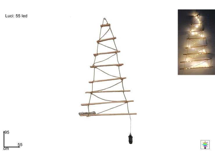 Albero di Natale in Corda e Legno 55 cm con 55 Luci LED Calde