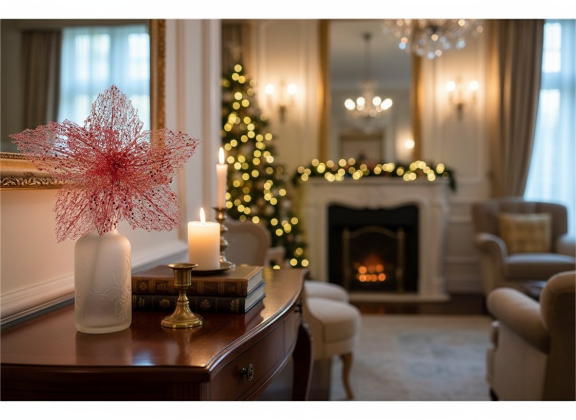 Fiore Natalizio Retinato Rosso 26 cm Decorazione Elegante per Albero e Allestime