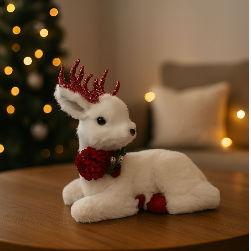 Renna Seduta 23 cm con Paillettes Rosse Decorazione Natalizia Elegante