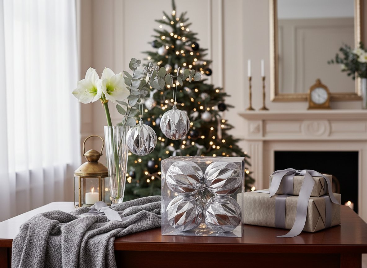 Palle di Natale Silver 10 cm Set 4 pz | Decorazioni Albero Decoro Rombi in Box