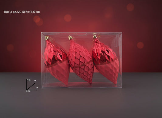 Palle Goccia 16 cm Rosso Lucido con Decoro set 3 Pezzi Decorazioni Albero di Nat