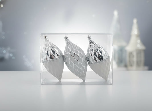 Palle Goccia Natale 16cm Argento Lucido con Decoro Bianco  Set 3pz
