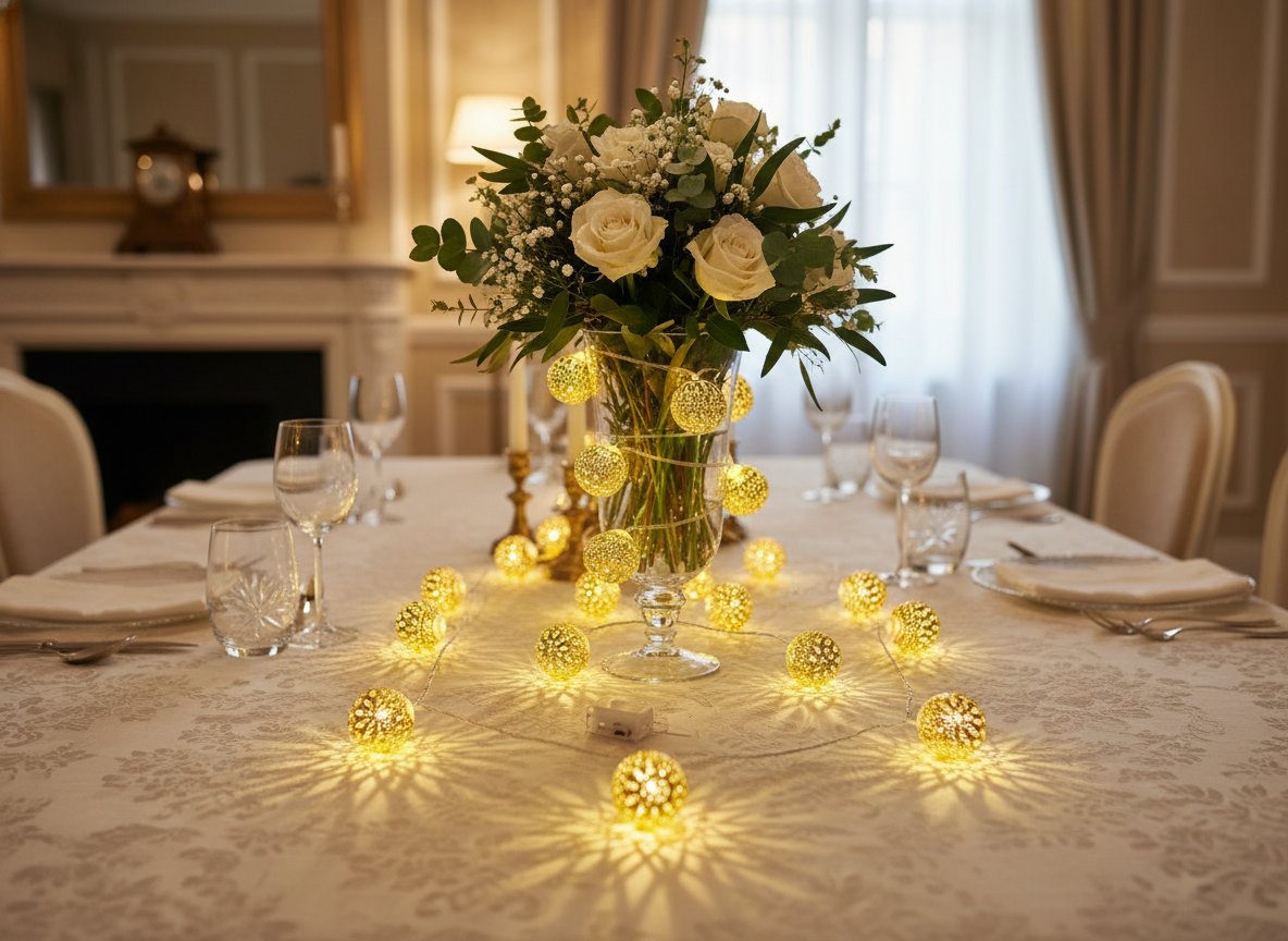 Filo 10 LED con Palline Oro 2,5 cm  1 m a Batterie, Decorazione Luminosa