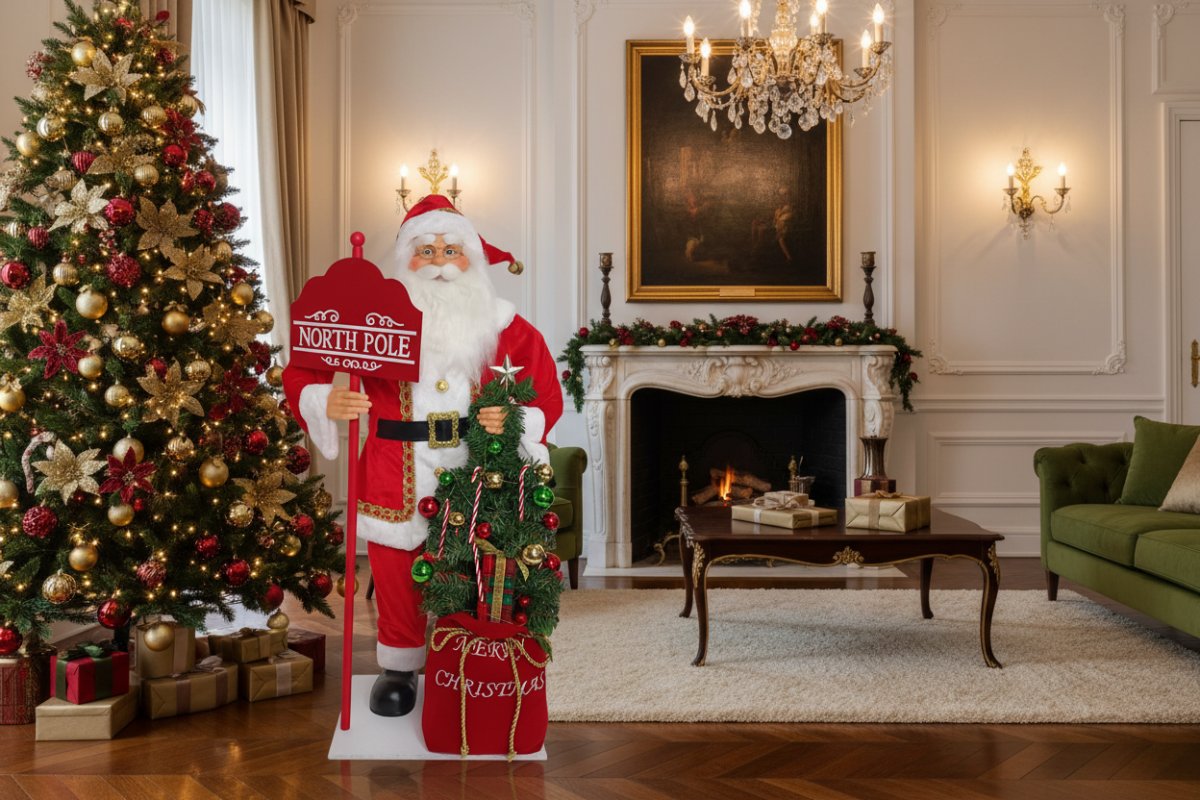 Babbo Natale 91 cm con Insegna North Pole, Luce e Musica