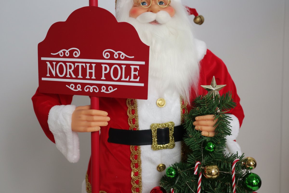 Babbo Natale 91 cm con Insegna North Pole, Luce e Musica