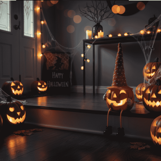Zucca Seduta con Cappello e Luci  Decorazione Halloween Scatola due Pezzi