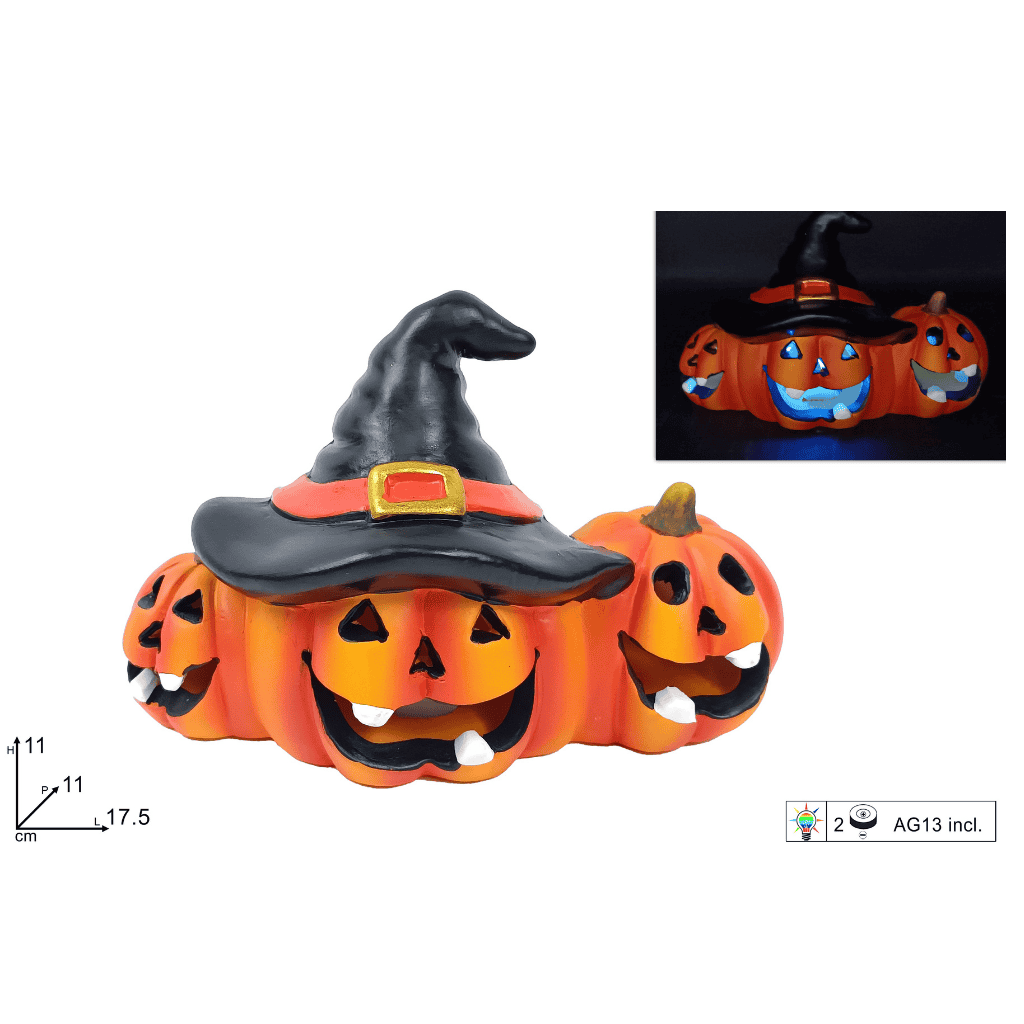 Decorazione Halloween 3 Zucche con Cappello e Luce LED  17,5 cm