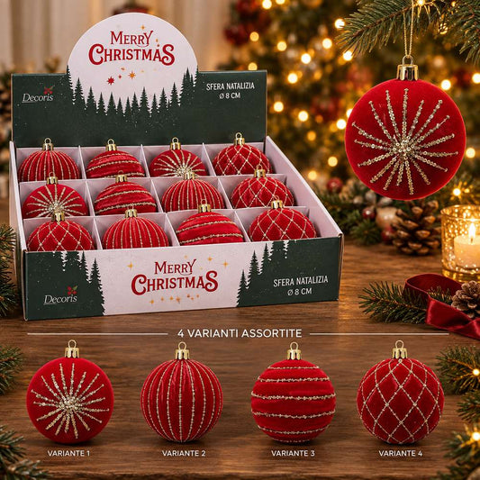 Display 12 Palline di Natale 8 cm in Velluto Rosso con Glitter Oro  4 Soggetti