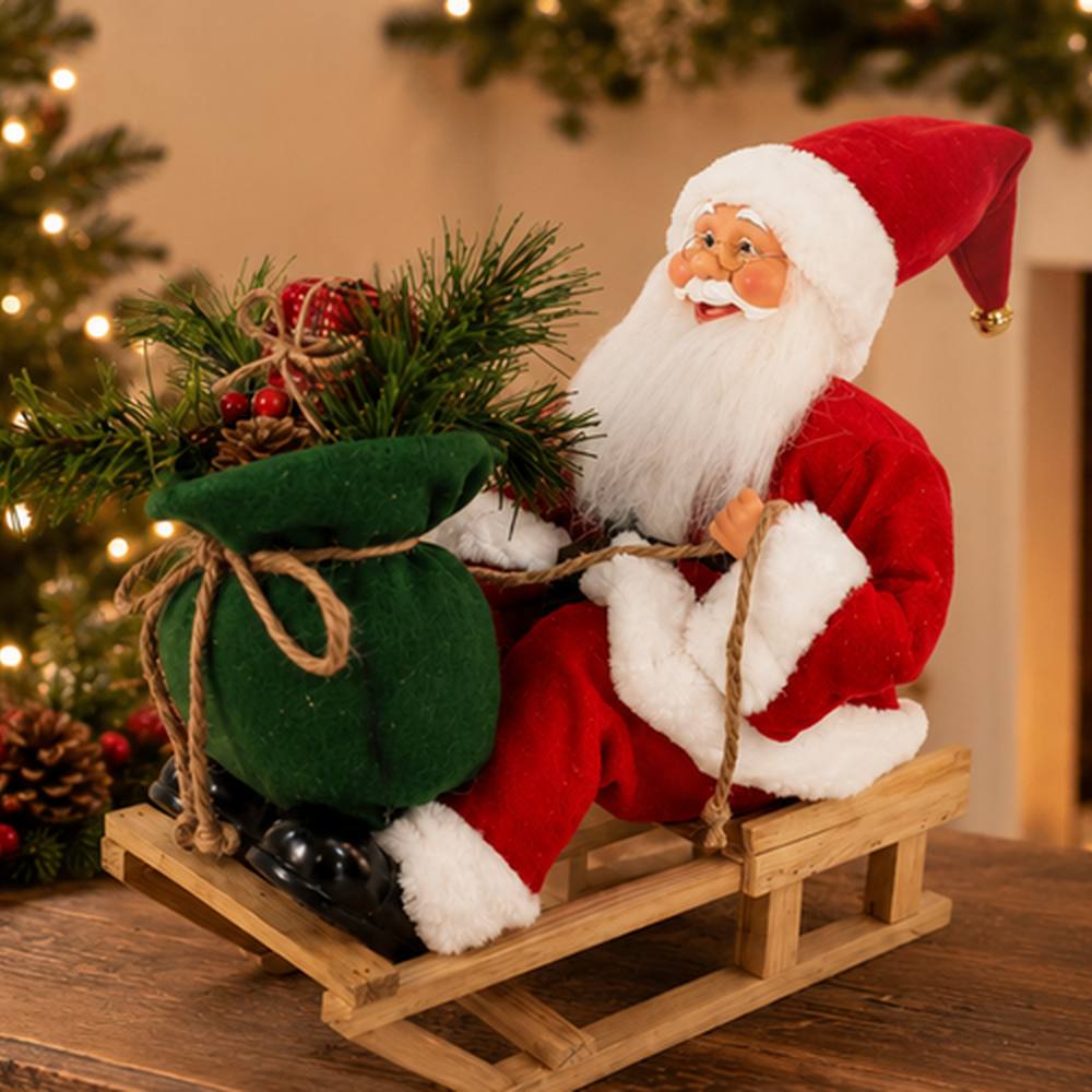 Babbo Natale su Slitta in Legno con Sacco dei Regali 38 cm Decorazione Natalizia