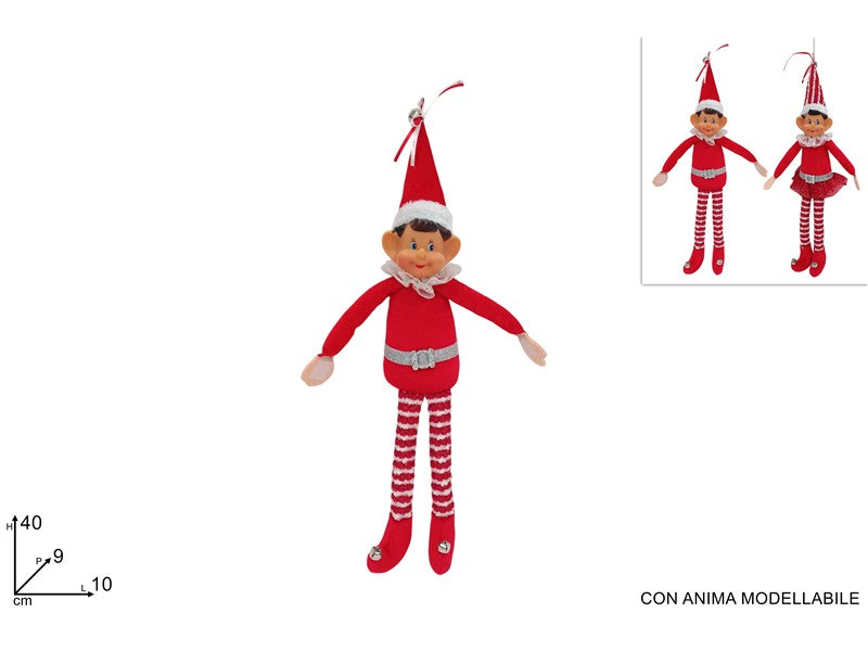 Appendino Elfo Natalizio 40 cm Rosso e Bianco Modellabile