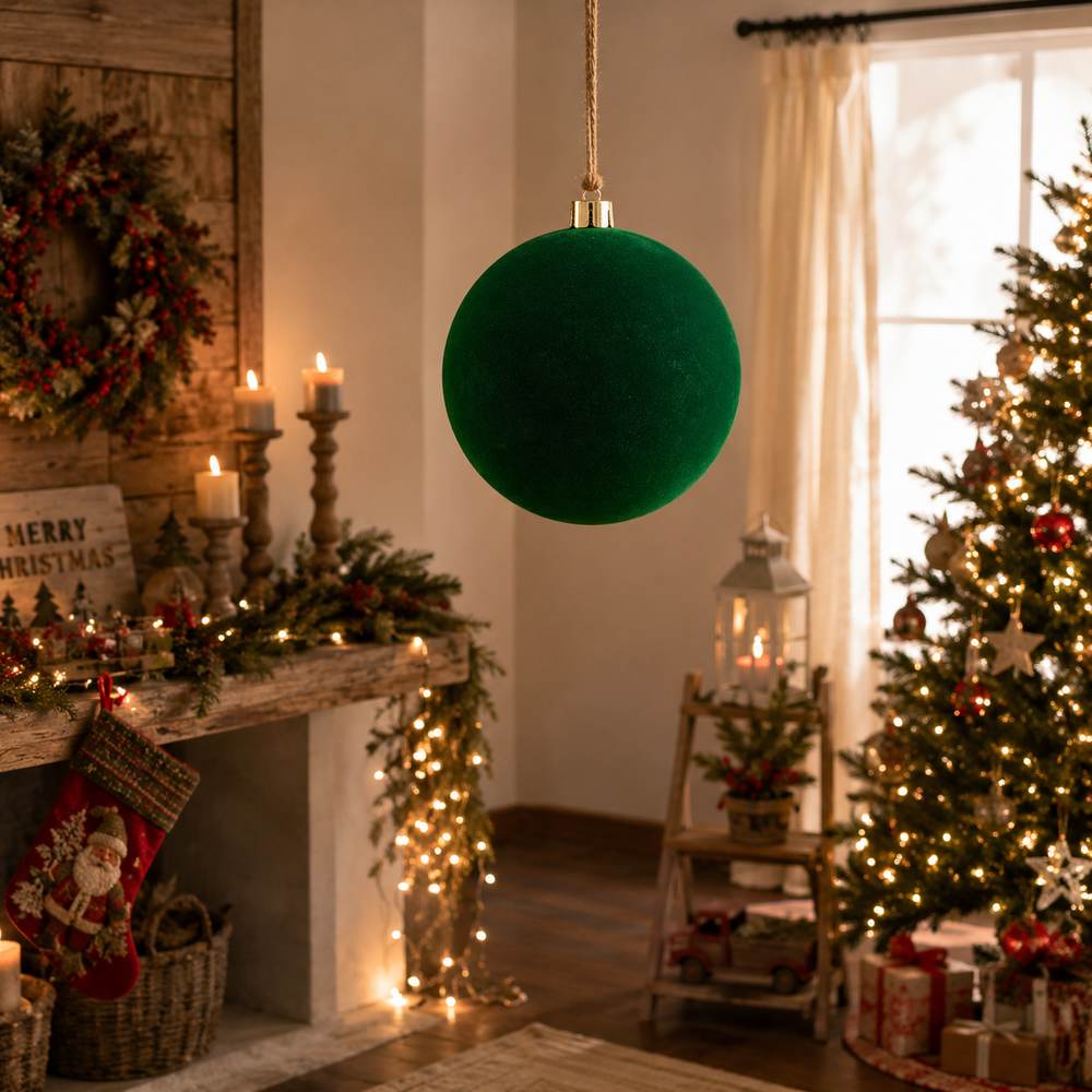 Palla di Natale 25 cm Floccata Verde  Decorazione Maxi
