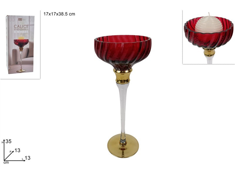 Calice Portacandela in Vetro Rosso 35 cm con Dettagli Oro
