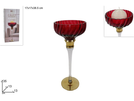 Calice Portacandela in Vetro Rosso 35 cm con Dettagli Oro