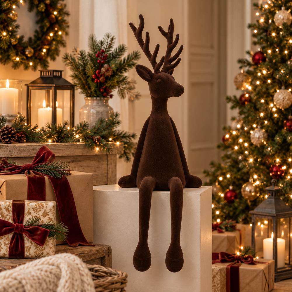 Renna Seduta Floccata Marrone Scuro 54 cm da Appoggio addobbo Natale