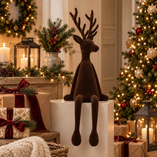 Renna Seduta Floccata Marrone Scuro 54 cm da Appoggio addobbo Natale