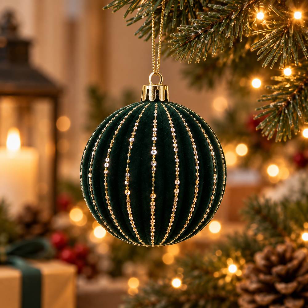 Display 12 Palline di Natale 8 cm in Velluto Verde con Glitter Oro  4 Soggetti