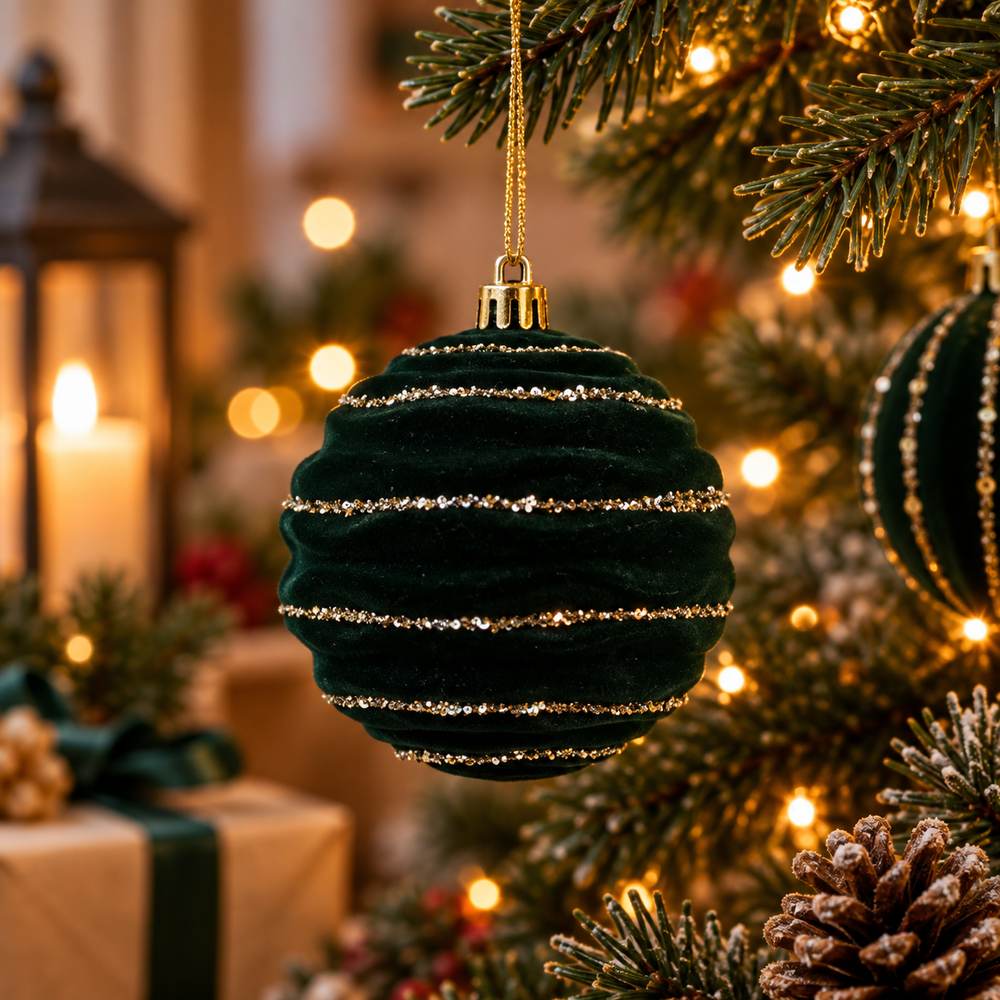 Display 12 Palline di Natale 10 cm in Velluto Verde con Glitter Oro  4 Soggetti